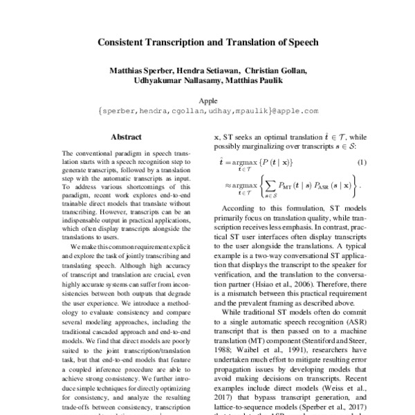 Consistent Transcription and Translation of Speech - ACL Anthology