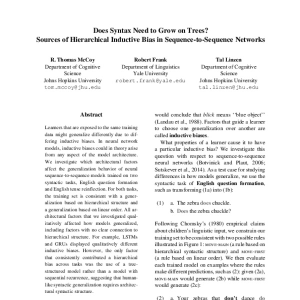 Does Syntax Need to Grow on Trees? Sources of Hierarchical Inductive ...