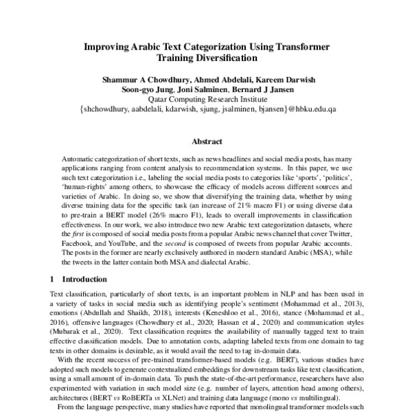 Improving Arabic Text Categorization Using Transformer Training Diversification Acl Anthology