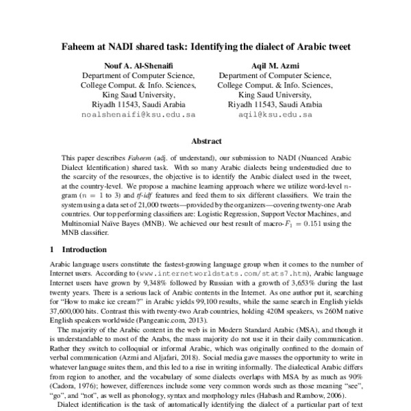 Faheem at NADI shared task: Identifying the dialect of Arabic tweet ...