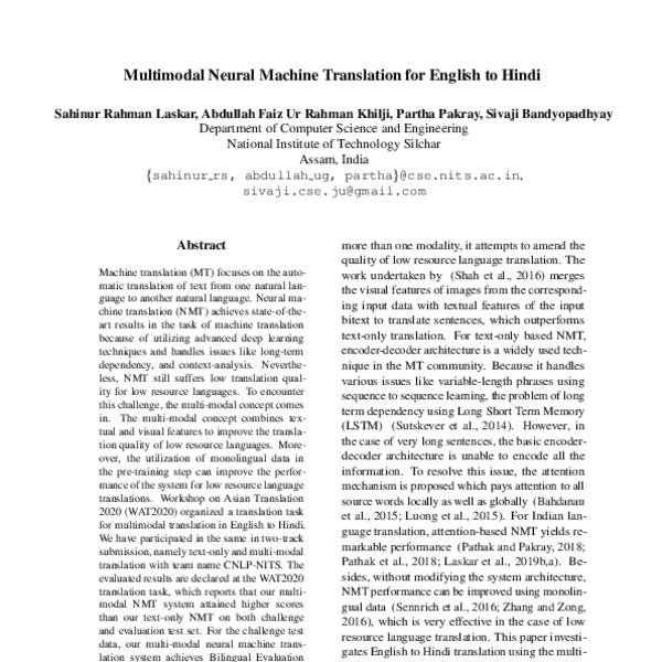 Multimodal Neural Machine Translation for English to Hindi - ACL Anthology