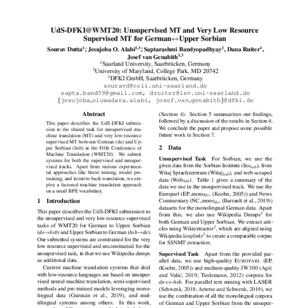 UdS-DFKI@WMT20: Unsupervised MT and Very Low Resource Supervised MT for ...
