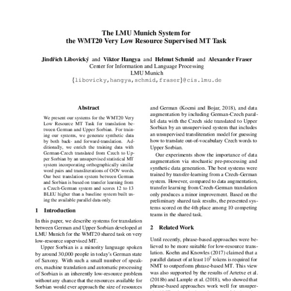 The LMU Munich System for the WMT20 Very Low Resource Supervised MT ...