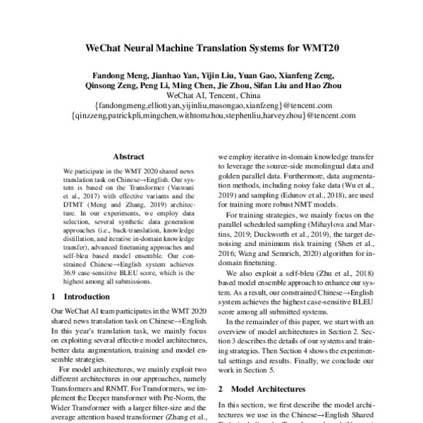 WeChat Neural Machine Translation Systems for WMT20 - ACL Anthology