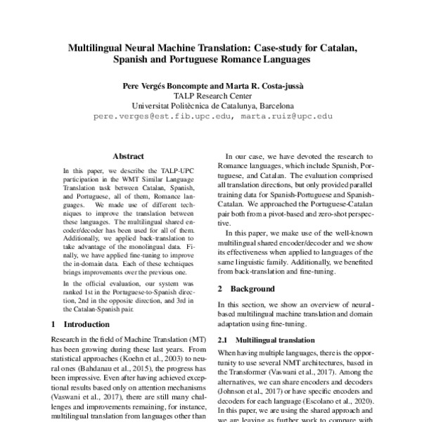 Multilingual Neural Machine Translation Casestudy for Catalan