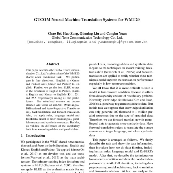 GTCOM Neural Machine Translation Systems for WMT20 - ACL Anthology