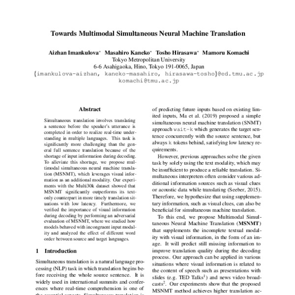 Towards Multimodal Simultaneous Neural Machine Translation - ACL Anthology