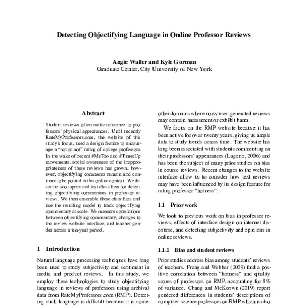 Detecting Objectifying Language in Online Professor Reviews ACL Anthology