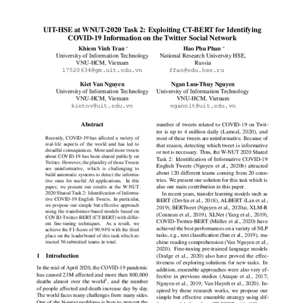 UIT-HSE at WNUT-2020 Task 2: Exploiting CT-BERT for Identifying COVID ...