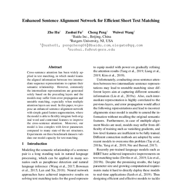 Enhanced Sentence Alignment Network for Efficient Short Text Matching