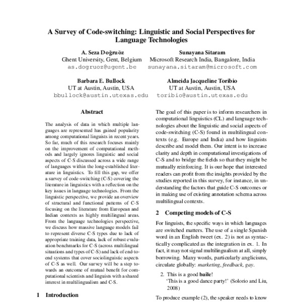 A Survey of Code-switching: Linguistic and Social Perspectives for