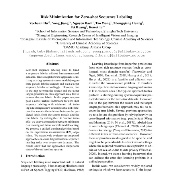 Risk Minimization for Zero-shot Sequence Labeling - ACL Anthology