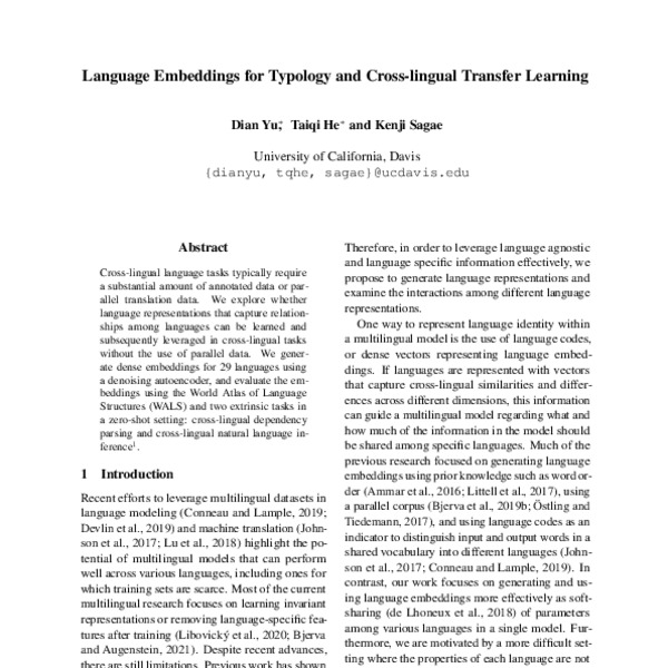 Language Embeddings for Typology and Cross-lingual Transfer Learning ...