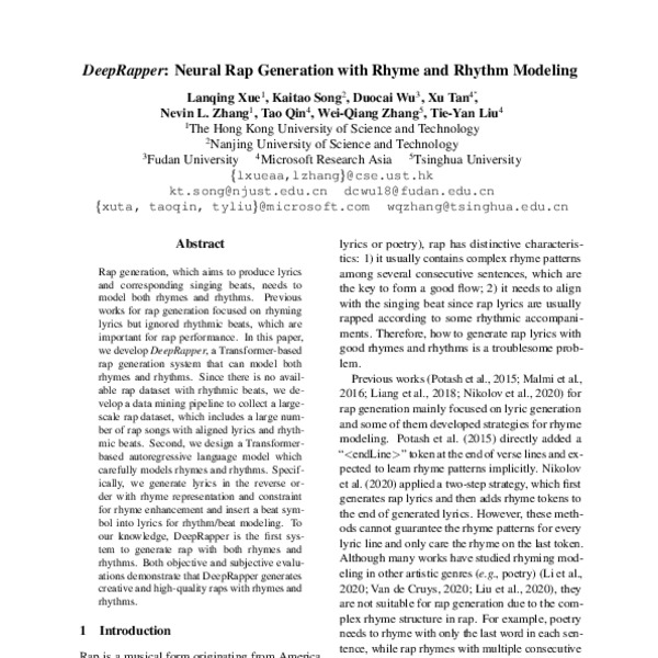 Deeprapper Neural Rap Generation With Rhyme And Rhythm Modeling Acl Anthology