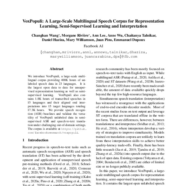 VoxPopuli: A Large-Scale Multilingual Speech Corpus for Representation ...
