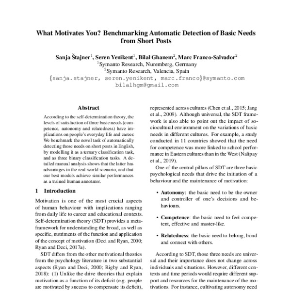 What Motivates You? Benchmarking Automatic Detection of Basic Needs ...