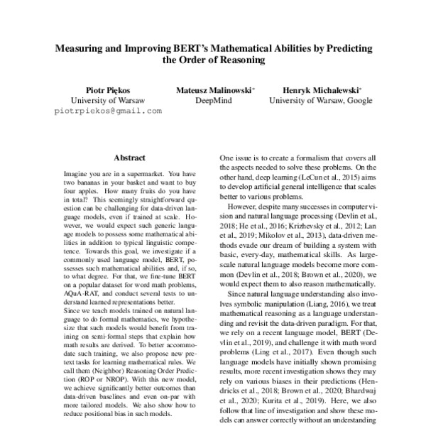 Measuring and Improving BERT’s Mathematical Abilities by Predicting the ...