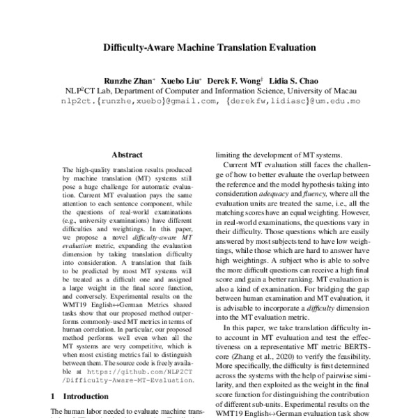 Difficulty-Aware Machine Translation Evaluation - ACL Anthology