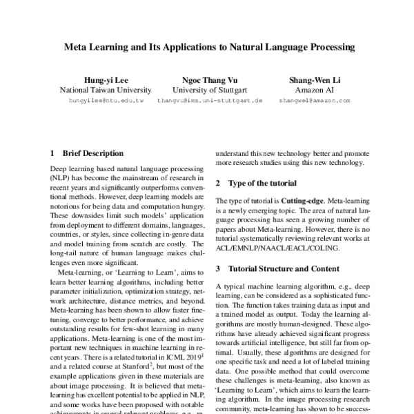 Meta Learning and Its Applications to Natural Language Processing ...