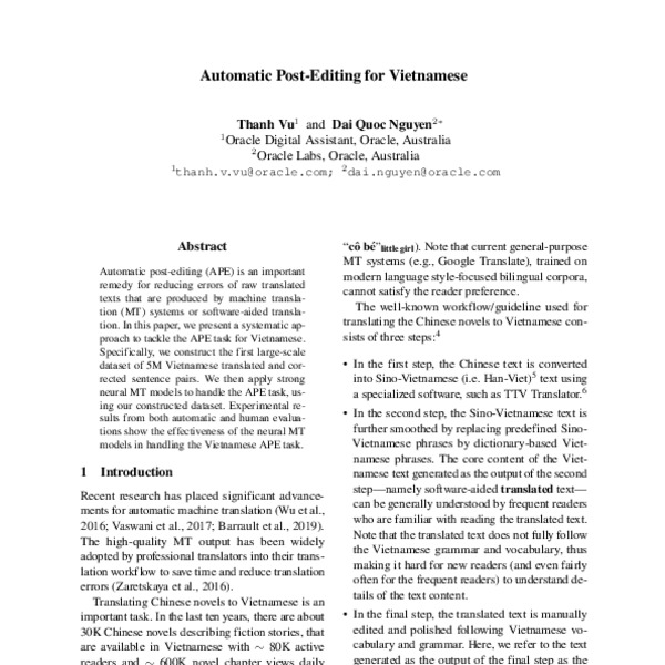 Automatic Post-Editing for Vietnamese - ACL Anthology