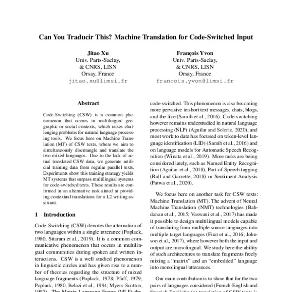 Can You Traducir This? Machine Translation for Code-Switched Input ...