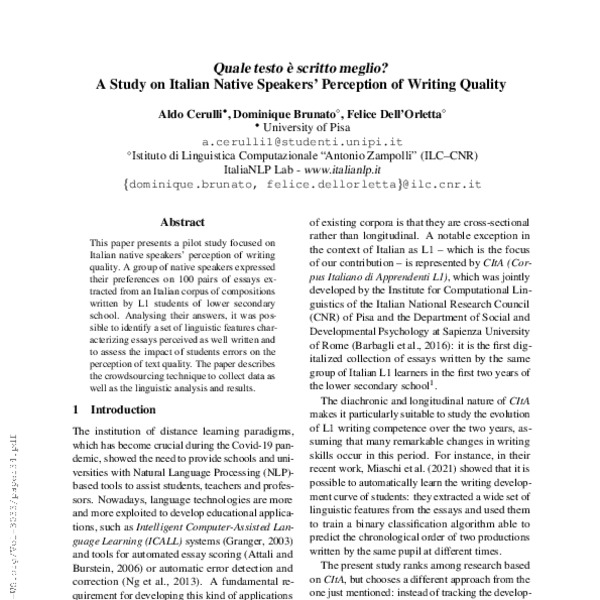 Quale testo è scritto meglio? A Study on Italian Native Speakers ...