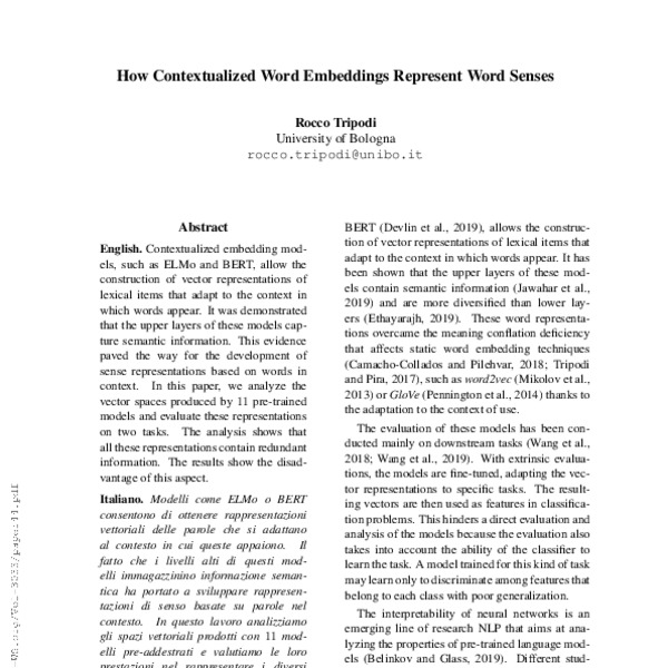 How Contextualized Word Embeddings Represent Word Senses - ACL Anthology