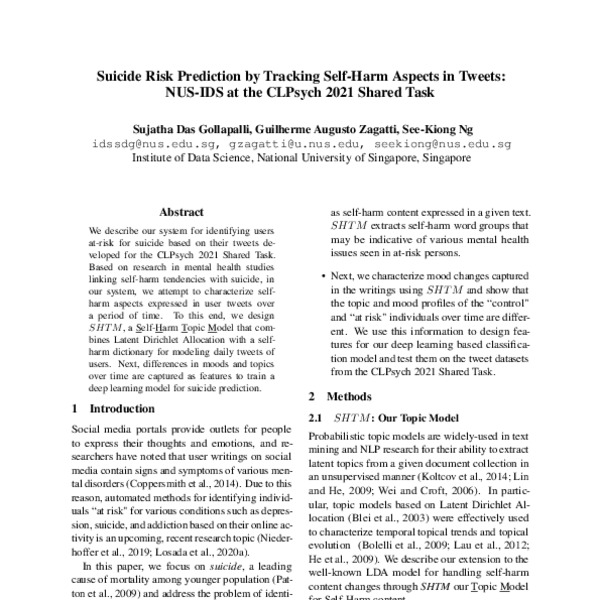Suicide Risk Prediction by Tracking Self-Harm Aspects in Tweets: NUS ...