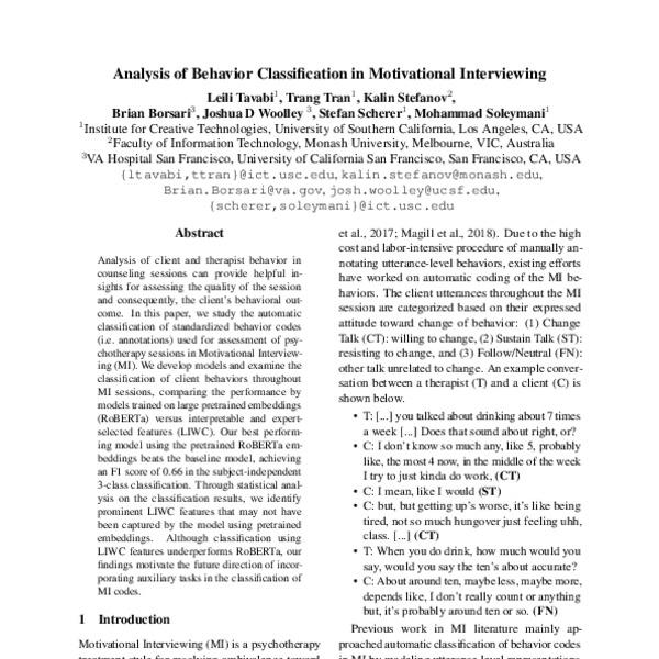 Analysis of Behavior Classification in Motivational Interviewing