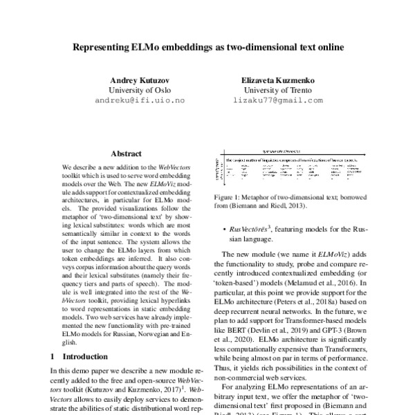 Representing ELMo embeddings as two-dimensional text online - ACL Anthology