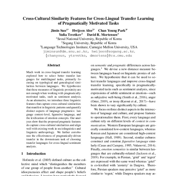 Cross-Cultural Similarity Features for Cross-Lingual Transfer Learning ...
