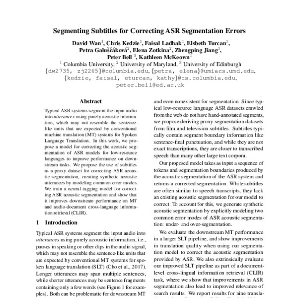 Segmenting Subtitles for Correcting ASR Segmentation Errors - ACL Anthology