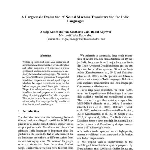 A Large-scale Evaluation of Neural Machine Transliteration for Indic ...