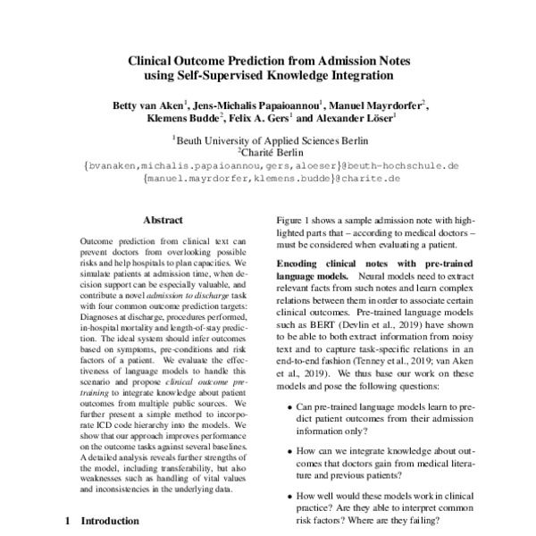 Clinical Outcome Prediction from Admission Notes using Self-Supervised ...