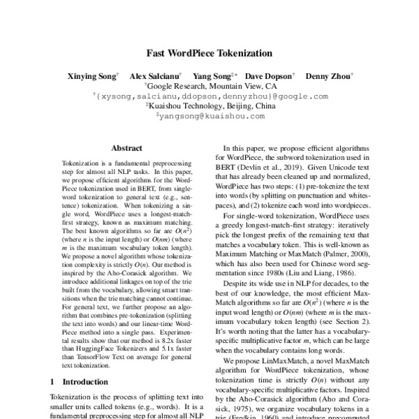 Fast WordPiece Tokenization - ACL Anthology