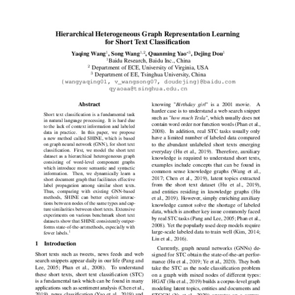 hierarchical heterogeneous graph representation learning for short text classification