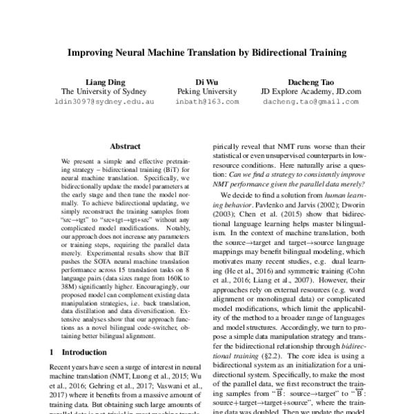 Improving Neural Machine Translation by Bidirectional Training - ACL ...