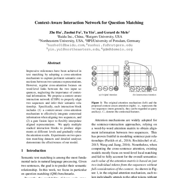 ContextAware Interaction Network for Question Matching ACL Anthology