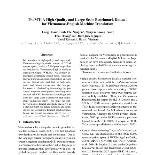 PhoMT: A High-Quality and Large-Scale Benchmark Dataset for Vietnamese ...