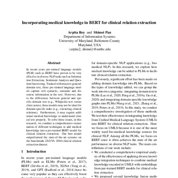 Incorporating medical knowledge in BERT for clinical relation
