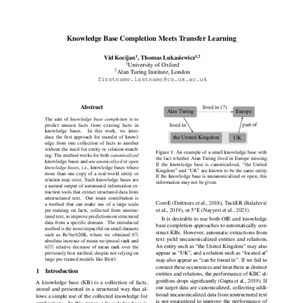Knowledge Base Completion Meets Transfer Learning - ACL Anthology