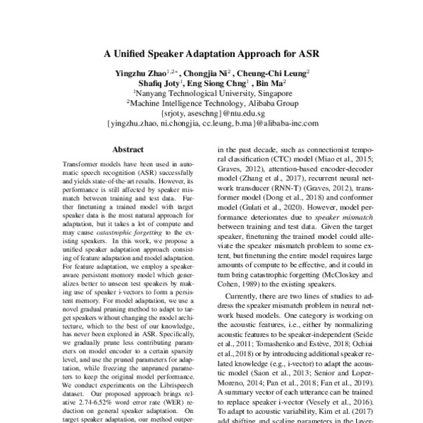 A Unified Speaker Adaptation Approach for ASR - ACL Anthology