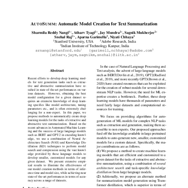 AUTOSUMM: Automatic Model Creation for Text Summarization - ACL Anthology