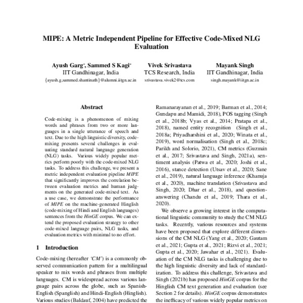 MIPE: A Metric Independent Pipeline for Effective Code-Mixed NLG ...