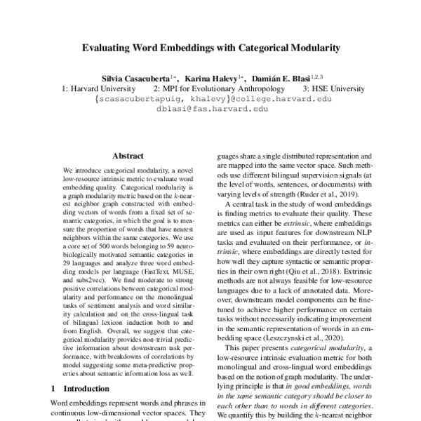 Evaluating Word Embeddings with Categorical Modularity - ACL Anthology
