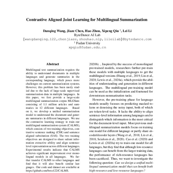 Contrastive Aligned Joint Learning for Multilingual Summarization - ACL ...