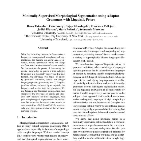 Minimally-Supervised Morphological Segmentation using Adaptor Grammars ...