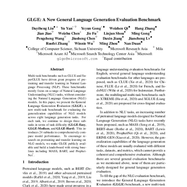 GLGE: A New General Language Generation Evaluation Benchmark - ACL ...