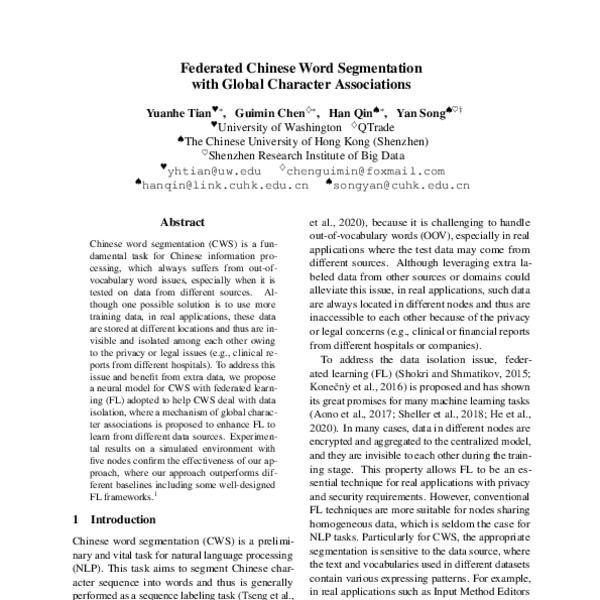 Federated Chinese Word Segmentation with Global Character Associations ...