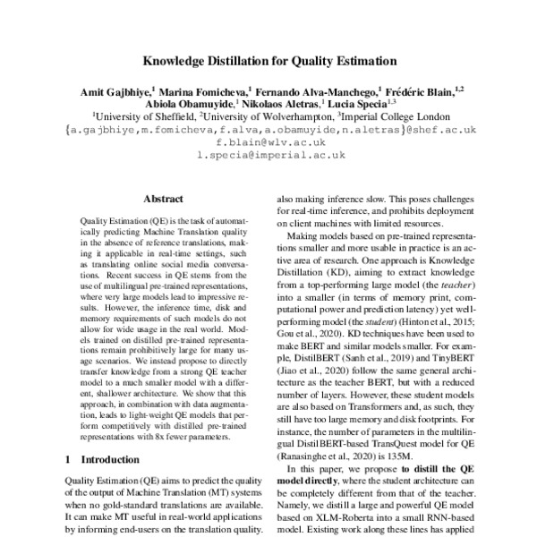 Knowledge Distillation for Quality Estimation - ACL Anthology